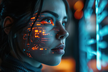 Facial biometrics scanning, retina recognition, security verification concept. Side view of a young woman with a virtual hologram mesh on her face