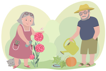 Obraz na płótnie Canvas An elderly retired couple takes care of the plants on the site. A woman sprays flowers. A man waters a pumpkin from a watering can. Illustration on the theme of elderly people. Pensioners.
