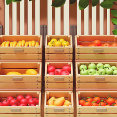 Farmer street market stand with wooden boxes, fresh ripe fruits, yellow apples, pears, bananas, oranges, tangerines, melons, red pomegranates, green plant leaves. Front view. 3d render beige backdrop.