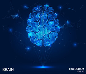 A hologram of the brain. The brain consists of polygons, triangles of dots and lines. The brain is a low-poly compound structure. Technology concept vector.