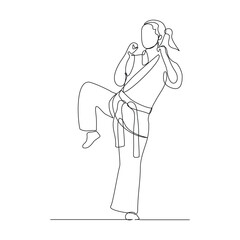 Continuous single line sketch drawing of young woman confident karateka in kimono practicing karate kick combat. One line traditional martial art sport training concept Vector illustration