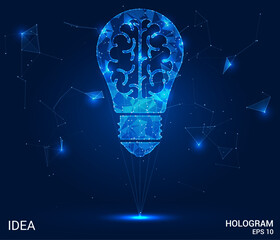 The hologram is an idea. A light bulb and a brain made of polygons, triangles of dots and lines. The idea is a low-poly compound structure. Technology concept vector.