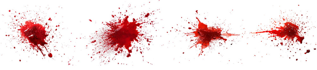 Set of Red Blood Splashes, Gruesome Crime Scene Elements Isolated on Transparent Background - obrazy, fototapety, plakaty