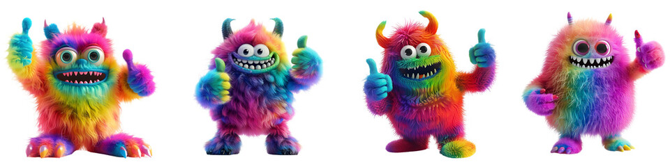 Naklejka premium Collection of Colorful Furry and Cute Monsters Giving a Thumbs Up, 3D Render Character Cartoon Style Isolated on Transparent Background