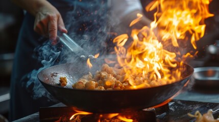 Expert Chef Performs Flaming Stir-Fry Technique in Professional Kitchen