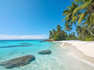 A tranquil tropical paradise featuring a pristine beach, crystal-clear turquoise waters, and a swaying palm tree.