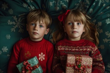 Two Adorable Children in Festive Sweaters Holding Christmas Gifts