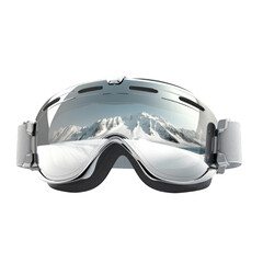 Front view of white snowboarder white goggles mirror effect reflecting the snowy mountains on a cutout PNG transparent background