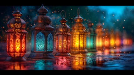 Obraz premium Glowing Lights in the Rain: A Magical Nighttime Scene Generative AI