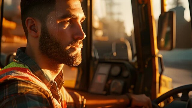 A closeup of a workers face in a safety vest, with a look of determination as they operate a compact track loader.