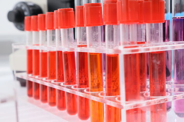 Modern medical laboratory with microscope and test tubes and biochemistry on rooftop biotechnology development center. Science laboratory of high-tech equipment microscope