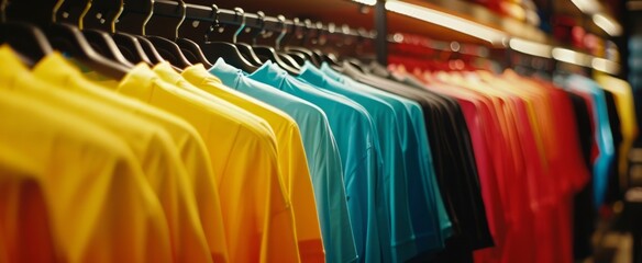 Colorful Assortment of T-Shirts on Display in Apparel Store