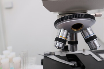 Modern medical laboratory with microscope and test tubes and biochemistry on rooftop biotechnology development center. Science laboratory of high-tech equipment microscope