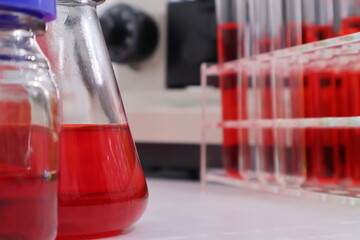 Modern medical laboratory with microscope and test tubes and biochemistry on rooftop biotechnology development center. Science laboratory of high-tech equipment microscope