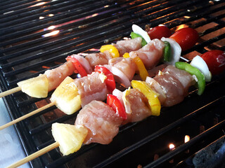  barbecue chicken skewers grilled with vegetables
