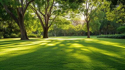 Fototapeta na wymiar Lush green grass and trees in the gentle morning sun at Horsham Botanic Gardens in VIC, Australia.