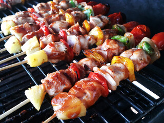 BBq Grill chicken skewers grilled with vegetables