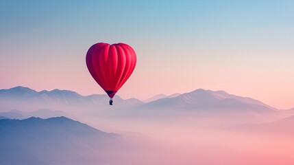 Gorgeous crimson hot air balloon heart in a bright and sunny morning sky, with hazy mountains in the backdrop. A romantic Valentine's Day adventure with a sporty and leisurely feel.