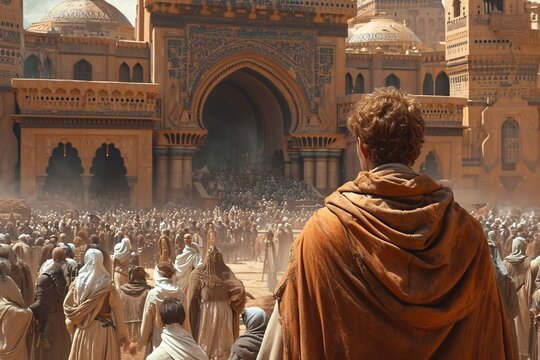 Arabian Nights - A captivating scene of a man in a brown robe, surrounded by a crowd of people, possibly in a desert setting.. Generative AI