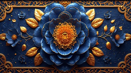 Flower Power: Blue and Gold Flower on a Blue Background Generative AI