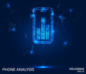 Hologram analysis of the phone. A phone made of polygons, triangles of dots and lines. The smartphone has a low-poly connection structure. Technology concept vector.