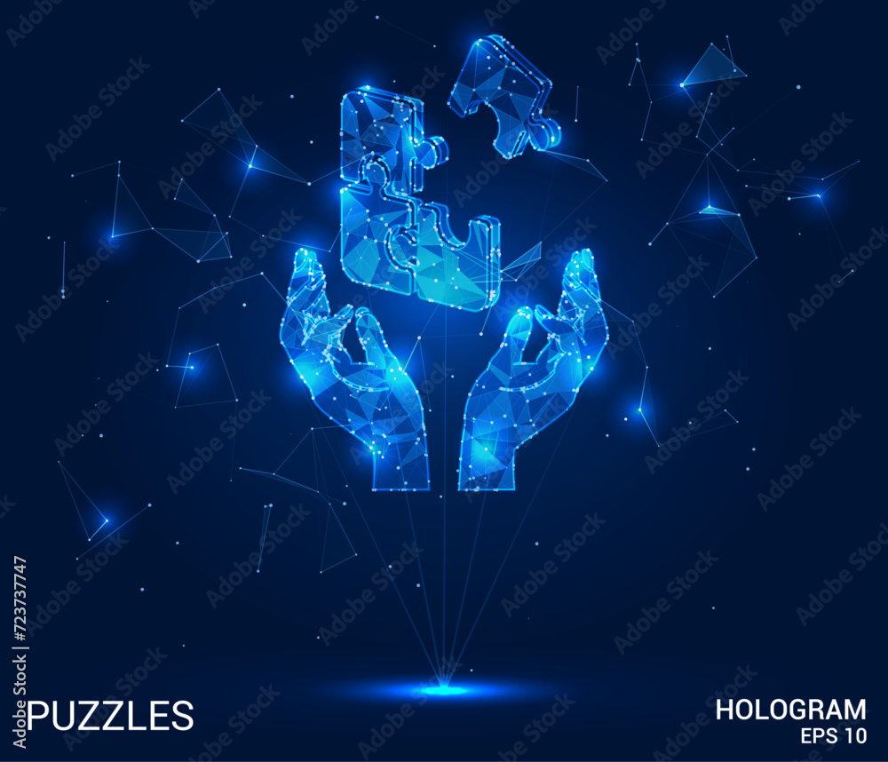 Wall mural hologram puzzles. puzzles in the hands of polygons, triangles of dots and lines. the puzzle is in th