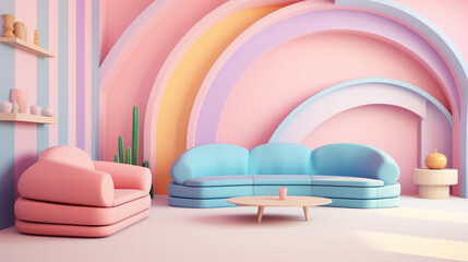 3d living room with futuristic seating and decoration in pastel colors