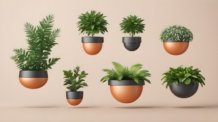 3d images of various types of plants in plant pots as a set.