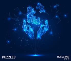 Hologram puzzles. Puzzles in the hands of polygons, triangles of dots and lines. The puzzle is in the hands of a low-poly compound structure. Technology concept vector.