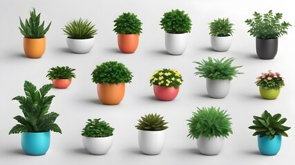 3d images of various types of plants in plant pots as a set.