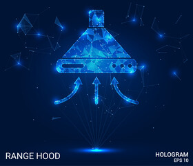The hologram is a range hood. Range hood from polygons, triangles of points and lines. The hood is in the hands of a low-poly compound structure. Technology concept vector.
