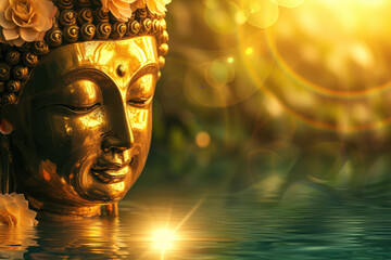 golden buddha with glowing halo light around head, nature green background