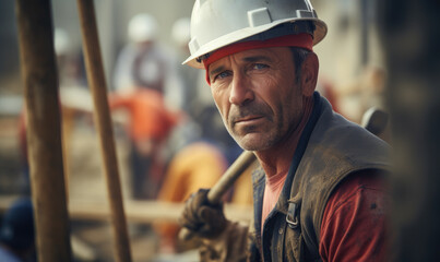A low side angle portrait of a helmeted worker man looking at the camera - obrazy, fototapety, plakaty