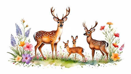 illustration of deers and  the flowers  - obrazy, fototapety, plakaty