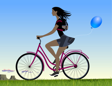 A girl in a short skirt with a backpack rides a bicycle among an american summer landscape with a meadow and a blue sky. Vector illustration for poster or placard