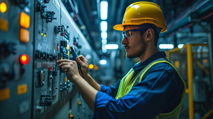 Seasoned electrical man engineer electrician in standard factory with Personal Protective Equipment (PPE), modern industrial work expertise and advanced technology concept - obrazy, fototapety, plakaty