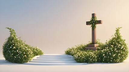  clusters on a vine tree in a shape of a cross with stairs . Christian religious graphic element with copy space for text. 3d rendering 