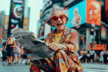 Obrazy na Plexi  Laughing elderly lady in floral jacket and red glasses reads news amidst NYC hustle