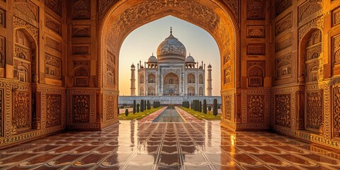 Glowing Taj Mahal: A Spectacular Sunset View Generative AI