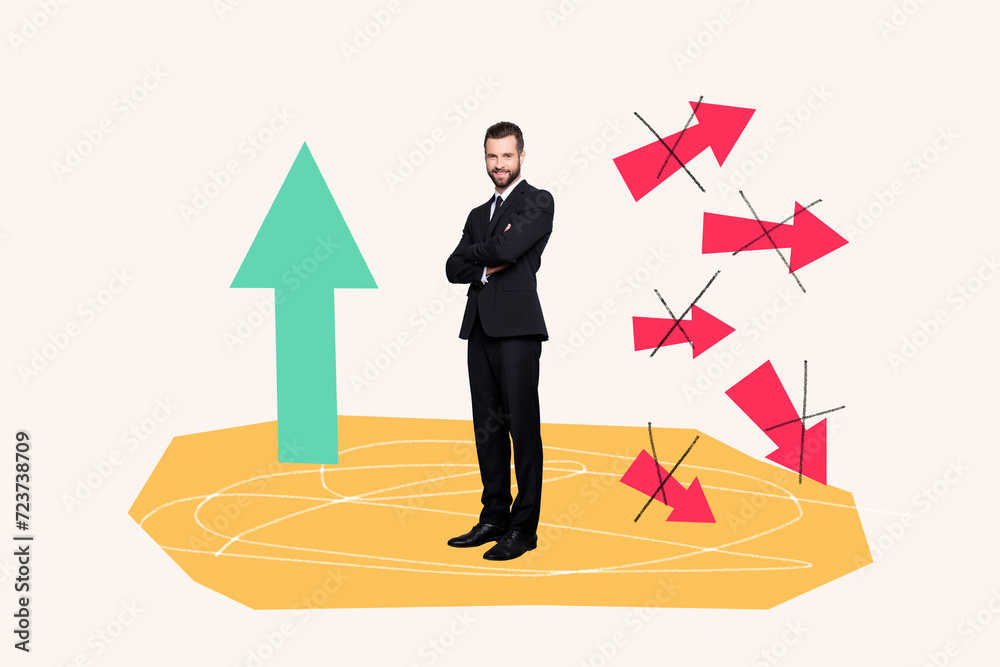 Wall mural Photo collage standing young man crossed hands confident satisfied entrepreneur reach progress increase rise arrow up reach success