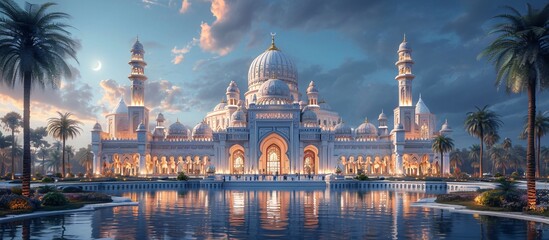 Glowing White Mosque with Blue Dome and Gold Dome Generative AI - obrazy, fototapety, plakaty