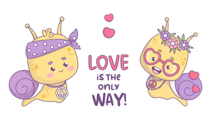Funny groovy pair of snails character hippy. Cute lovers insect kawaii in trendy retro style. Vector illustration in 70s style.