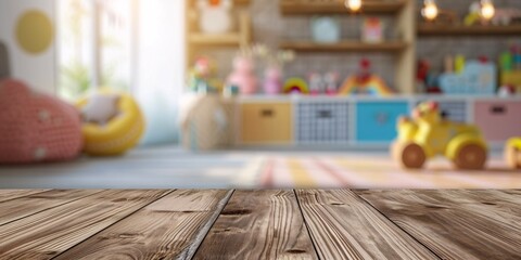 Blank wooden desk against blurred backdrop of kids' space with playthings. Display of merchandise.