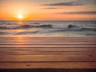 Fototapeta na wymiar A wooden floorboard on a beach, sunset and sea, AI Generative