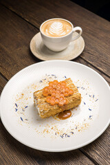 A delicious honey cake in a restaurant. Close up
