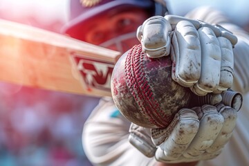 Close-up shot of a Cricket player batting the ball in a front-facing view. - obrazy, fototapety, plakaty