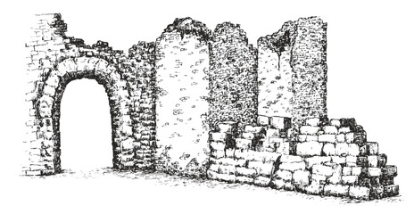 Hand draw ruins old building or ancient castle isolated on white background. Vector illustration in monochrome vintage style. Architecture sketch.