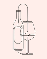 Wine bottle and glass with wine, one line sketch. Line art, vector