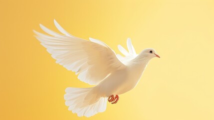 Obraz premium The grace of a dove in flight, wings unfurled, captured against a stark yellow background conveying freedom