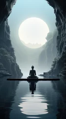 Foto op Canvas Abstract photo of woman statue doing yoga for meditation inside cave and against moon © LFK